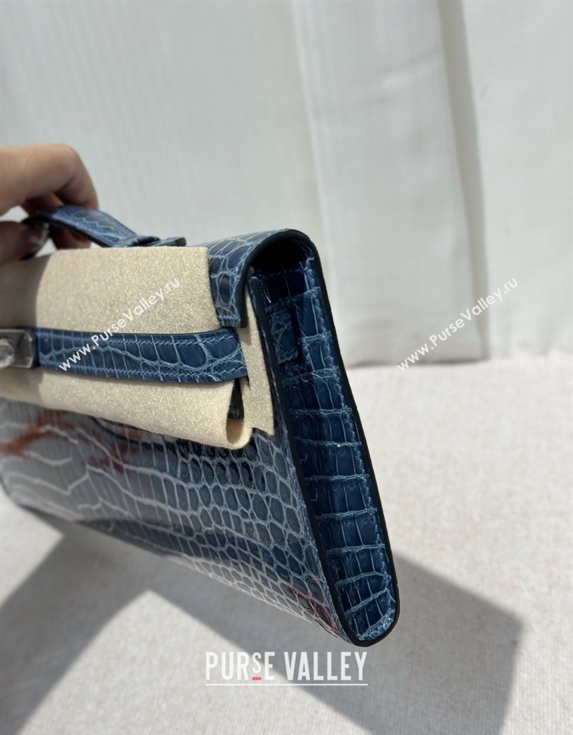 Hermes Kelly Cut Clutch Bag in Shiny Porosus Leather Blue/Silver 2025 (MEIS-25123015)