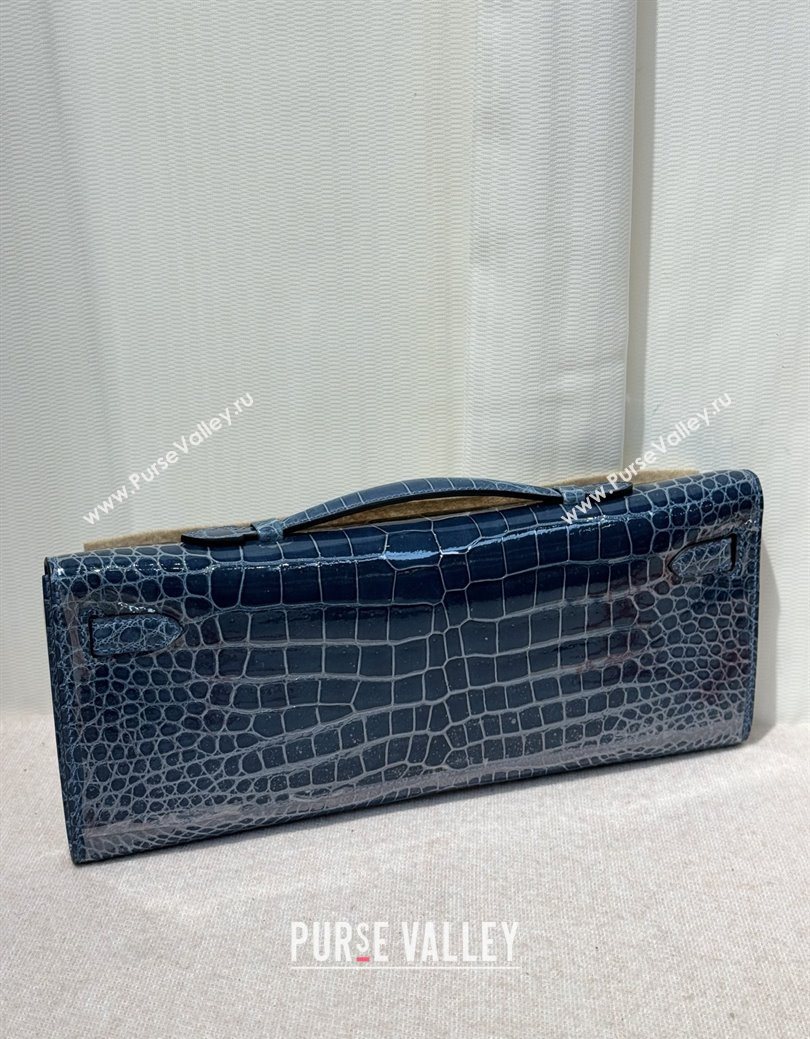 Hermes Kelly Cut Clutch Bag in Shiny Porosus Leather Blue/Silver 2025 (MEIS-25123015)