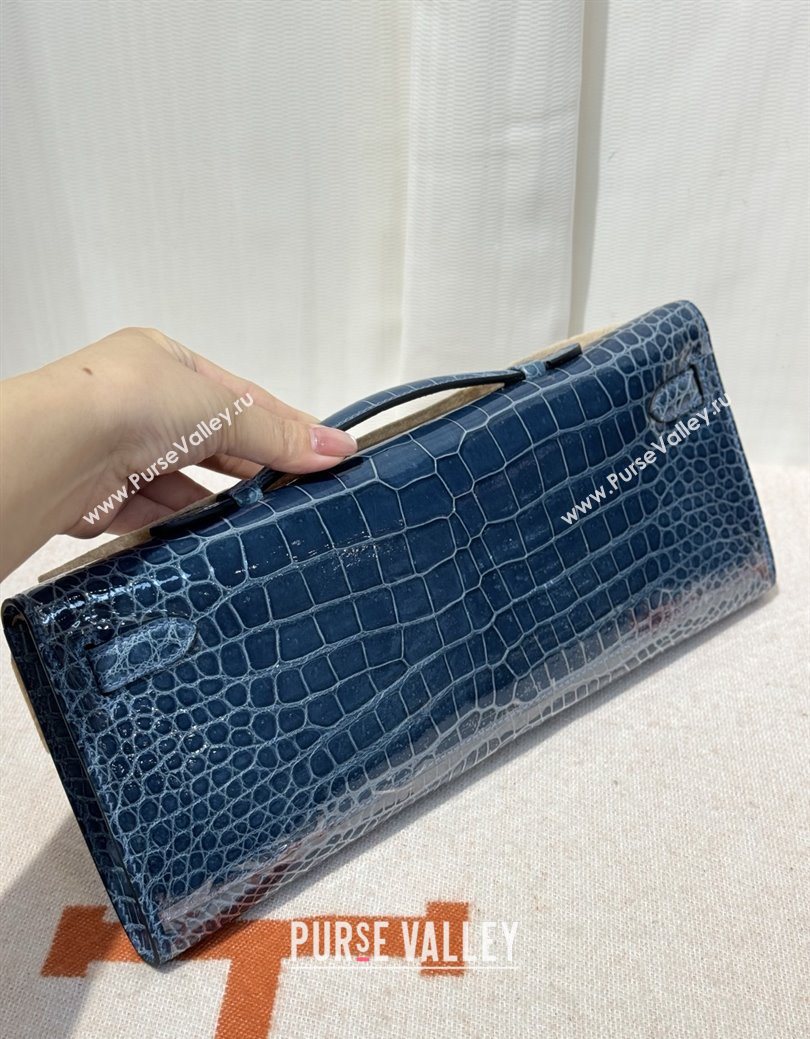 Hermes Kelly Cut Clutch Bag in Shiny Porosus Leather Blue/Silver 2025 (MEIS-25123015)