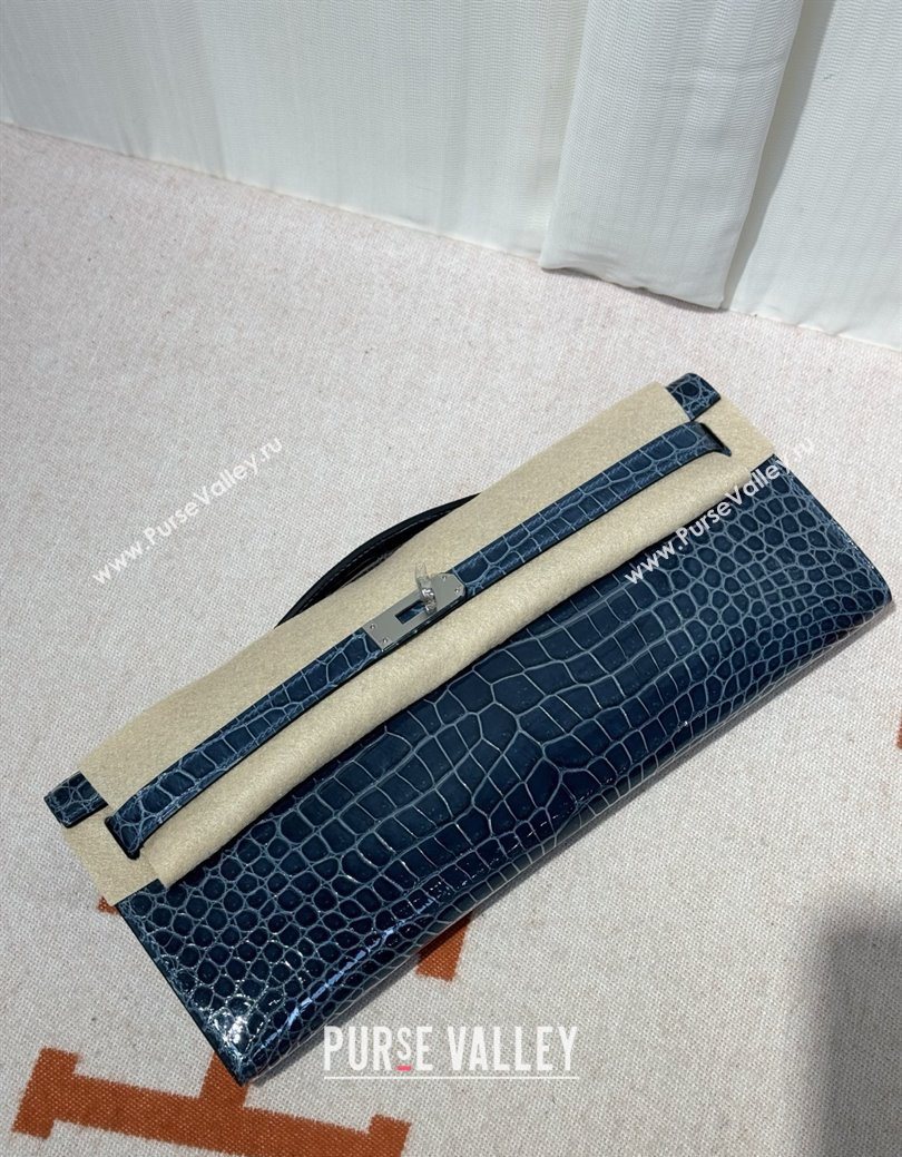 Hermes Kelly Cut Clutch Bag in Shiny Porosus Leather Blue/Silver 2025 (MEIS-25123015)