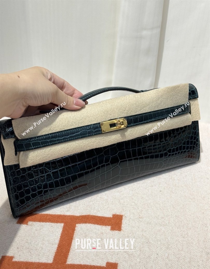 Hermes Kelly Cut Clutch Bag in Shiny Porosus Leather Blue/Gold 2025 (MEIS-25123016)