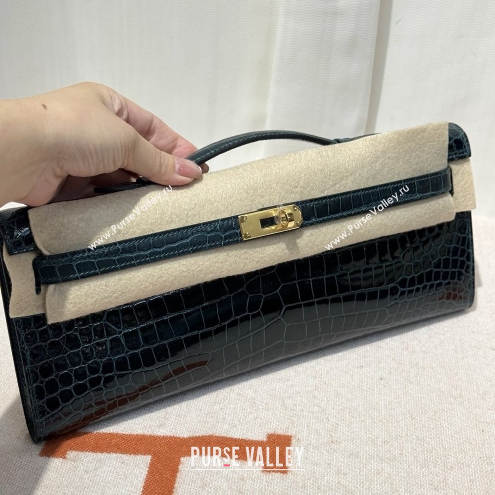 Hermes Kelly Cut Clutch Bag in Shiny Porosus Leather Blue/Gold 2025 (MEIS-25123016)