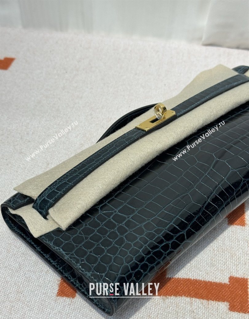 Hermes Kelly Cut Clutch Bag in Shiny Porosus Leather Blue/Gold 2025 (MEIS-25123016)