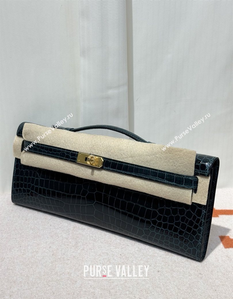 Hermes Kelly Cut Clutch Bag in Shiny Porosus Leather Blue/Gold 2025 (MEIS-25123016)