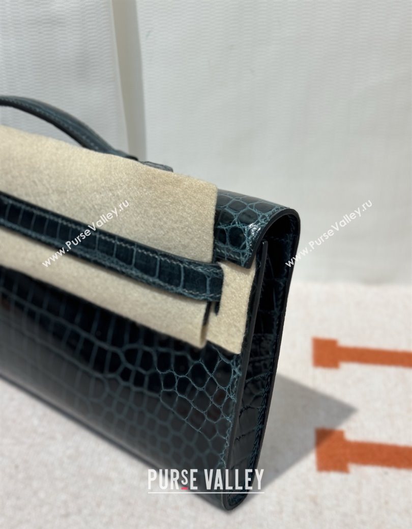 Hermes Kelly Cut Clutch Bag in Shiny Porosus Leather Blue/Gold 2025 (MEIS-25123016)
