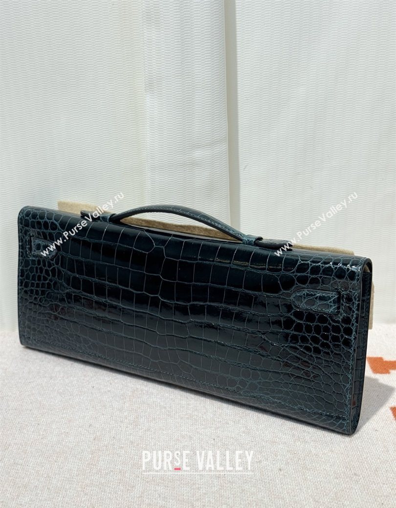 Hermes Kelly Cut Clutch Bag in Shiny Porosus Leather Blue/Gold 2025 (MEIS-25123016)