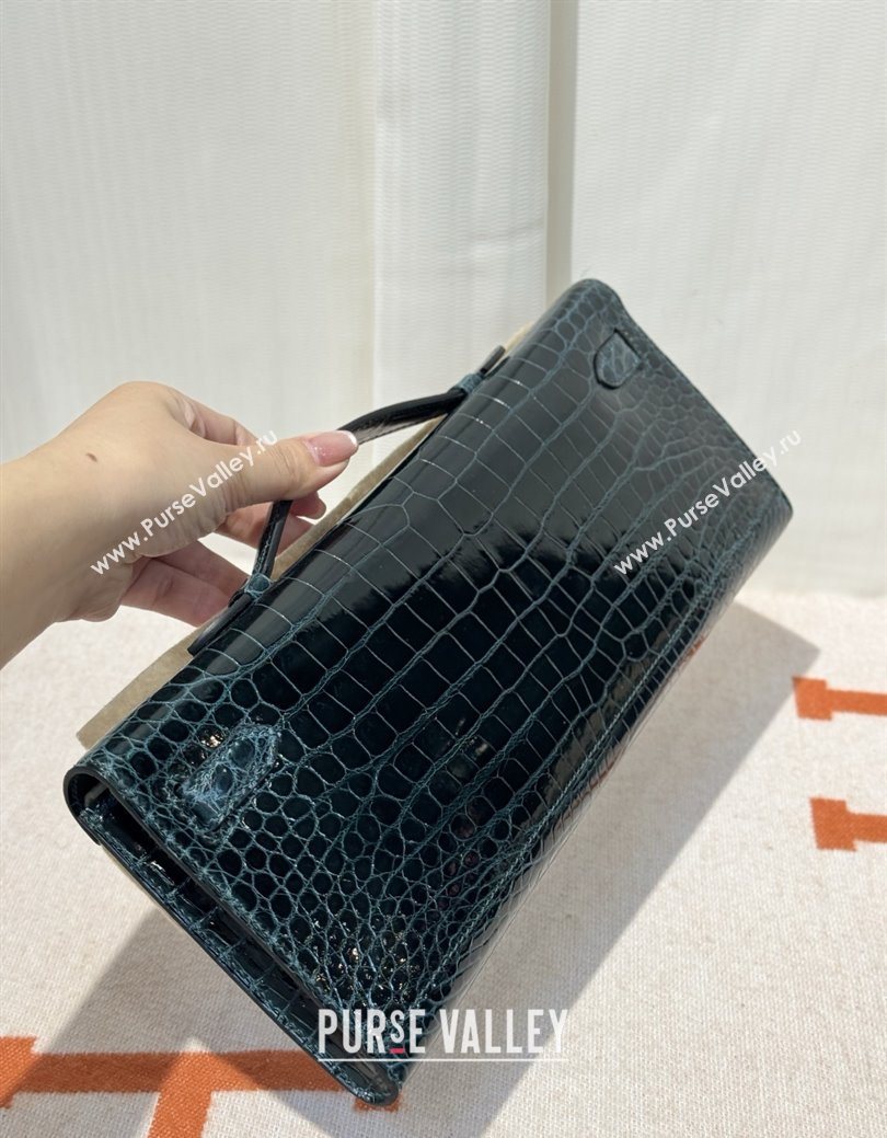 Hermes Kelly Cut Clutch Bag in Shiny Porosus Leather Blue/Gold 2025 (MEIS-25123016)