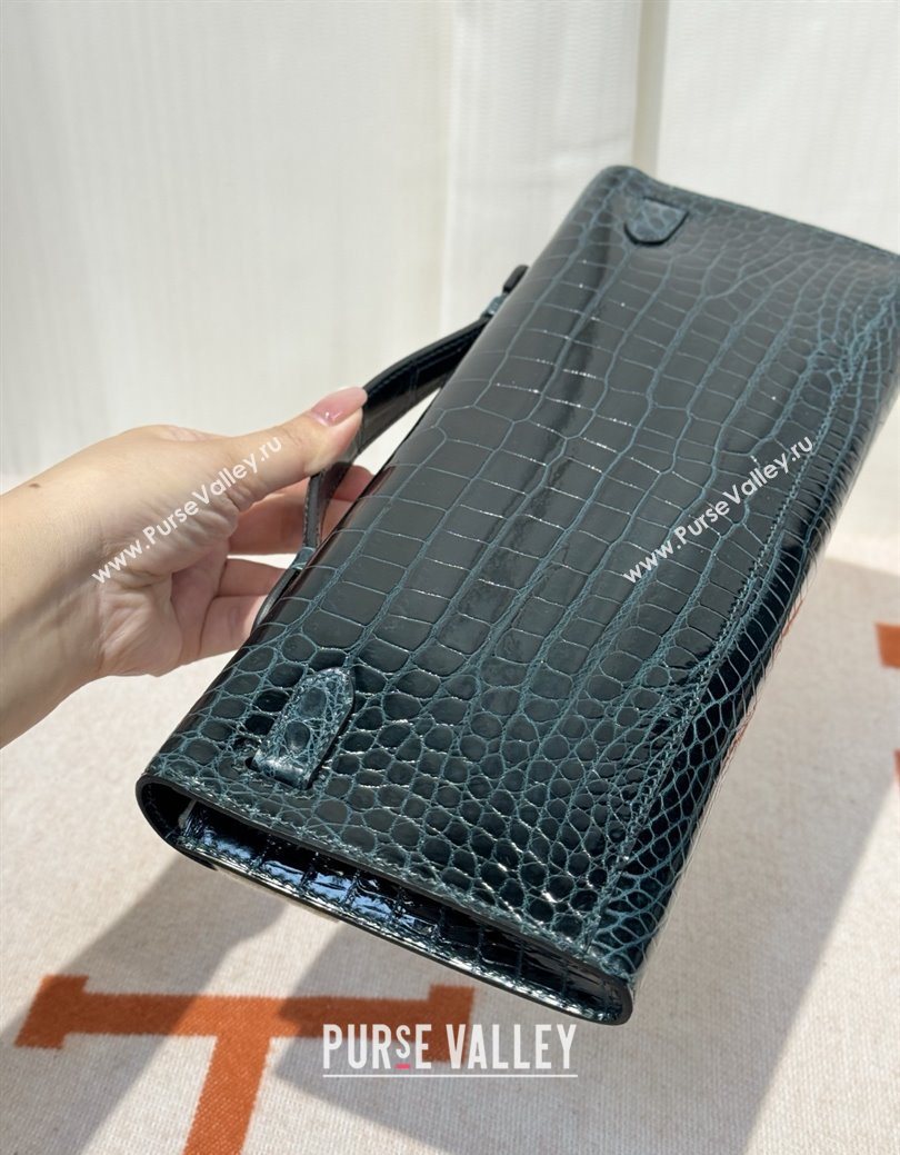 Hermes Kelly Cut Clutch Bag in Shiny Porosus Leather Blue/Gold 2025 (MEIS-25123016)