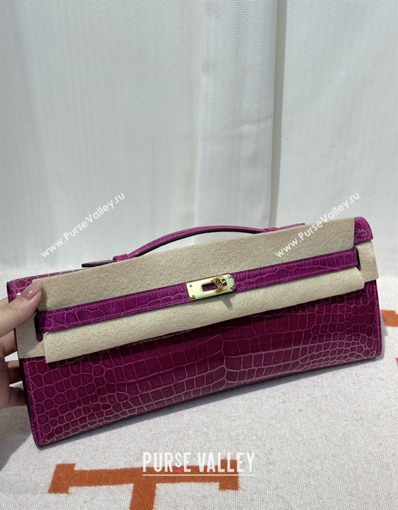 Hermes Kelly Cut Clutch Bag in Shiny Porosus Leather Rosy/Gold 2025 (MEIS-25123017)