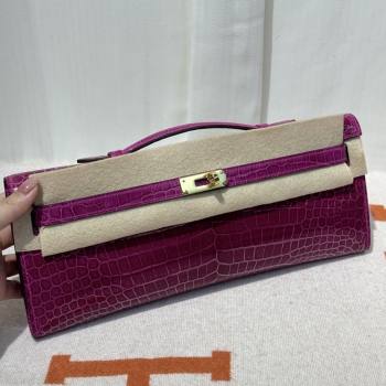 Hermes Kelly Cut Clutch Bag in Shiny Porosus Leather Rosy/Gold 2025 (MEIS-25123017)