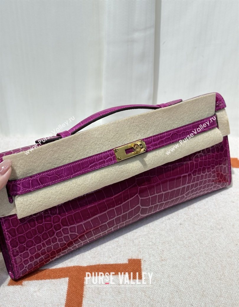 Hermes Kelly Cut Clutch Bag in Shiny Porosus Leather Rosy/Gold 2025 (MEIS-25123017)