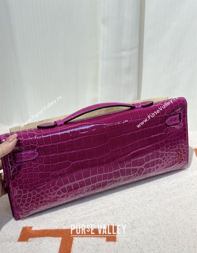 Hermes Kelly Cut Clutch Bag in Shiny Porosus Leather Rosy/Gold 2025 (MEIS-25123017)