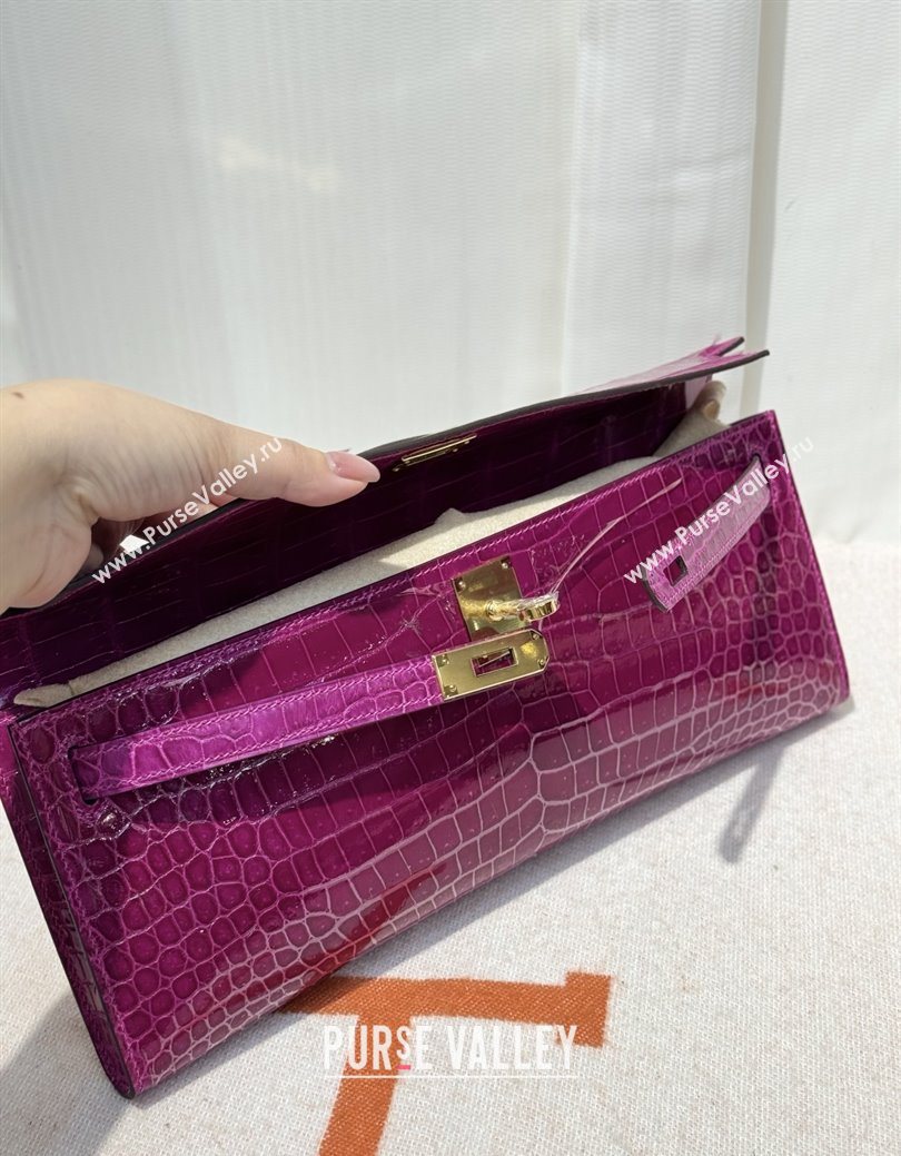 Hermes Kelly Cut Clutch Bag in Shiny Porosus Leather Rosy/Gold 2025 (MEIS-25123017)