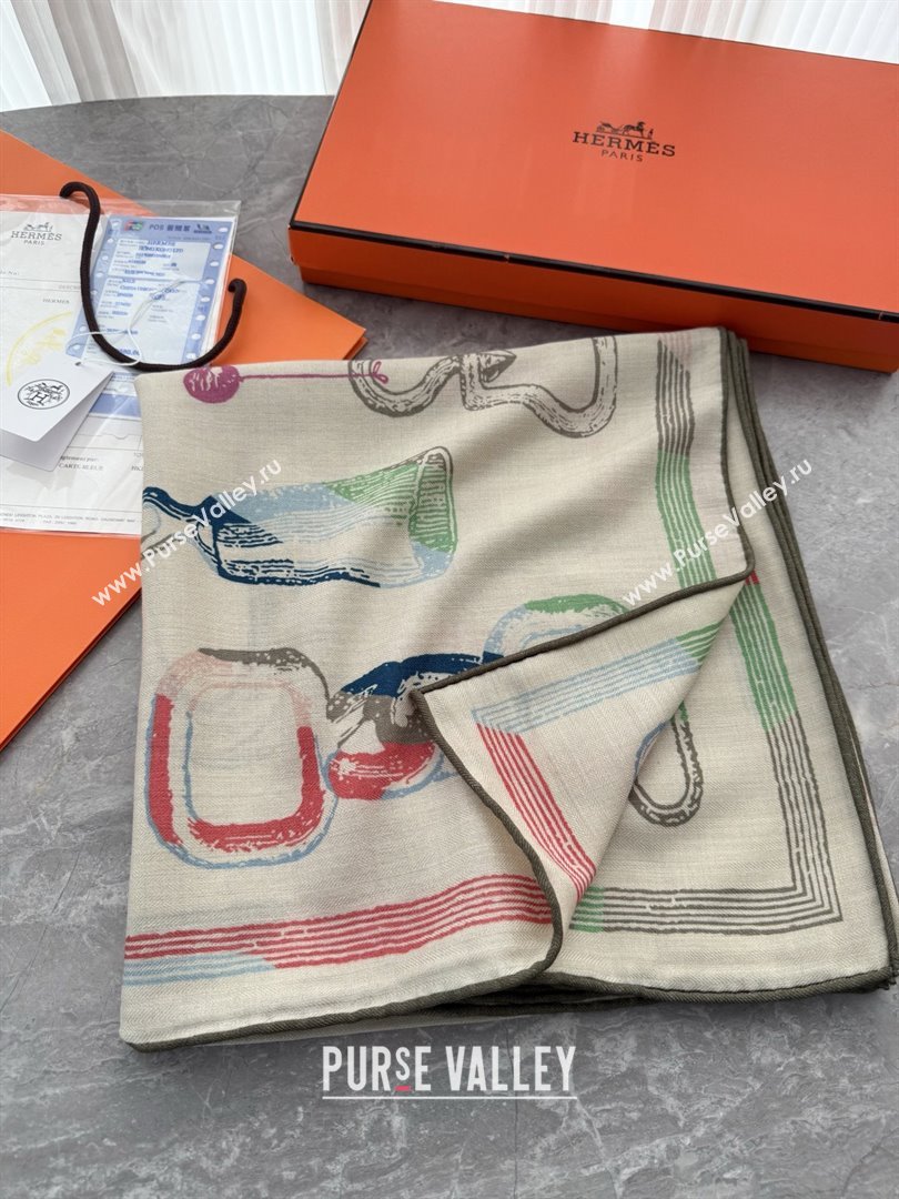 Hermes Inventaire Poetique Pour un Conte Sellier Shawl 140 Scarf 140 H1515 White/Green 2026 Top (WTZ-26010615)