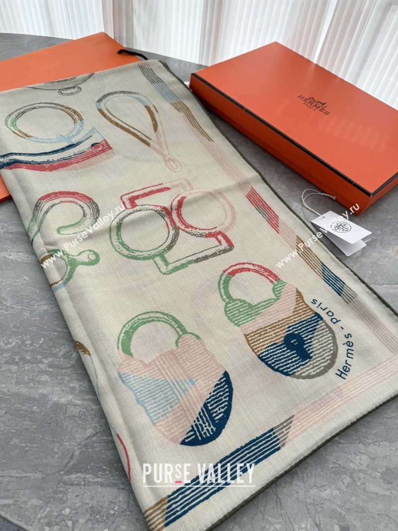 Hermes Inventaire Poetique Pour un Conte Sellier Shawl 140 Scarf 140 H1515 White/Green 2026 Top (WTZ-26010615)