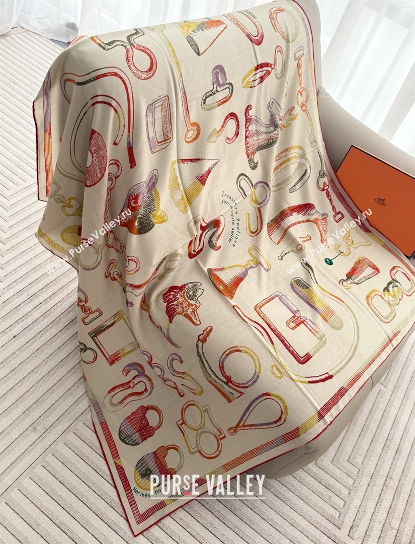 Hermes Inventaire Poetique Pour un Conte Sellier Shawl 140 Scarf 140 H1516 Beige/Yellow/Orange 2026 Top (WTZ-26010616)