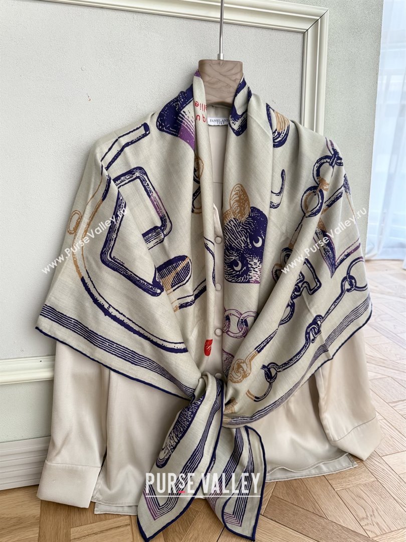 Hermes Inventaire Poetique Pour un Conte Sellier Shawl 140 Scarf 140 H1517 Beige/Blue 2026 Top (WTZ-26010617)