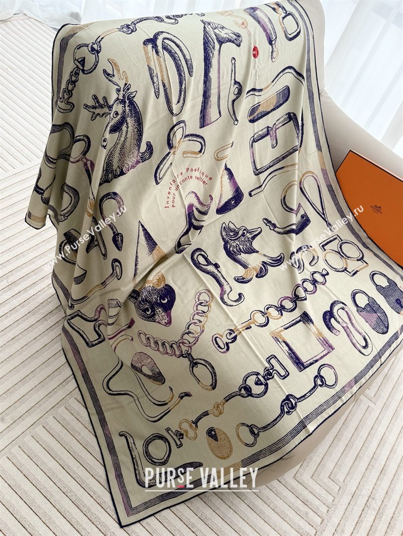 Hermes Inventaire Poetique Pour un Conte Sellier Shawl 140 Scarf 140 H1517 Beige/Blue 2026 Top (WTZ-26010617)
