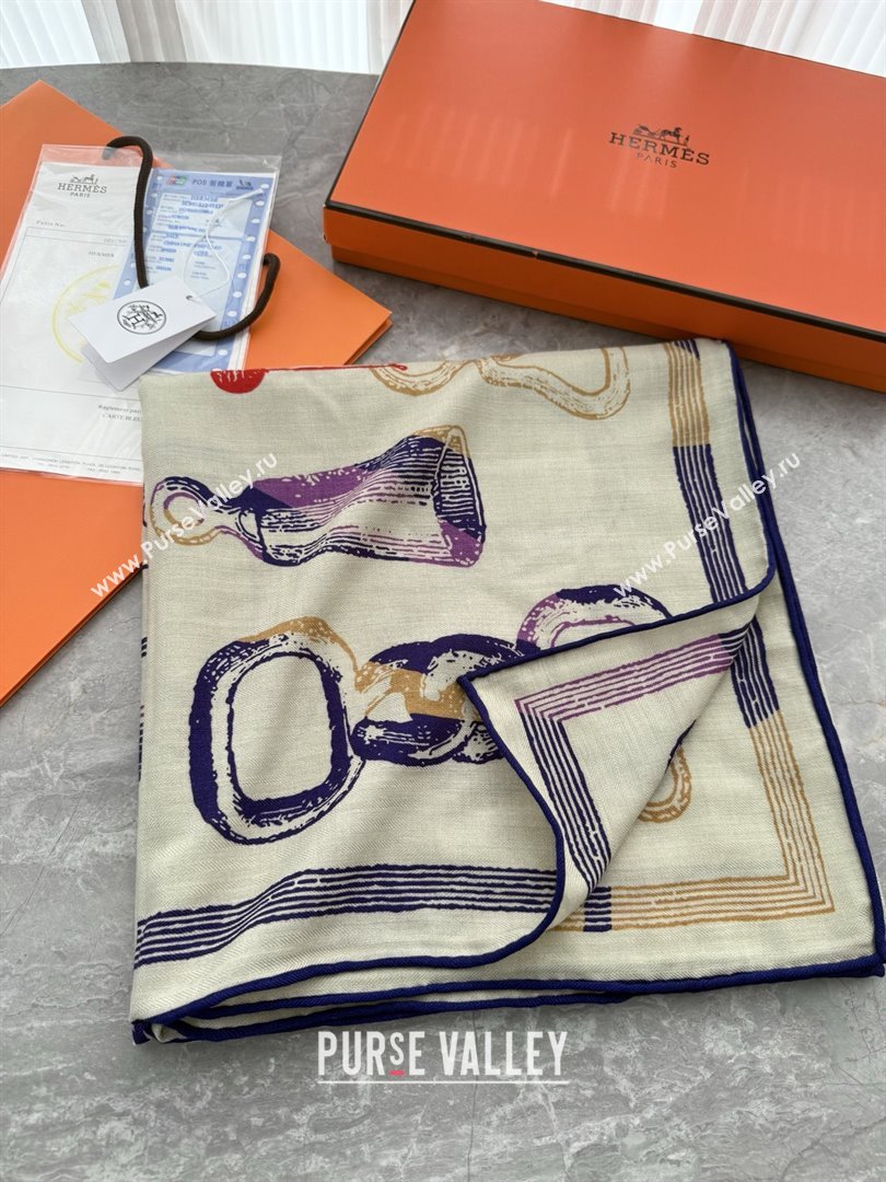Hermes Inventaire Poetique Pour un Conte Sellier Shawl 140 Scarf 140 H1517 Beige/Blue 2026 Top (WTZ-26010617)