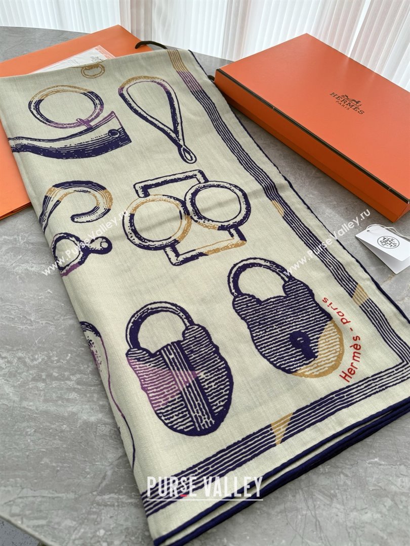 Hermes Inventaire Poetique Pour un Conte Sellier Shawl 140 Scarf 140 H1517 Beige/Blue 2026 Top (WTZ-26010617)