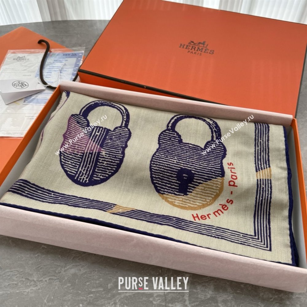 Hermes Inventaire Poetique Pour un Conte Sellier Shawl 140 Scarf 140 H1517 Beige/Blue 2026 Top (WTZ-26010617)