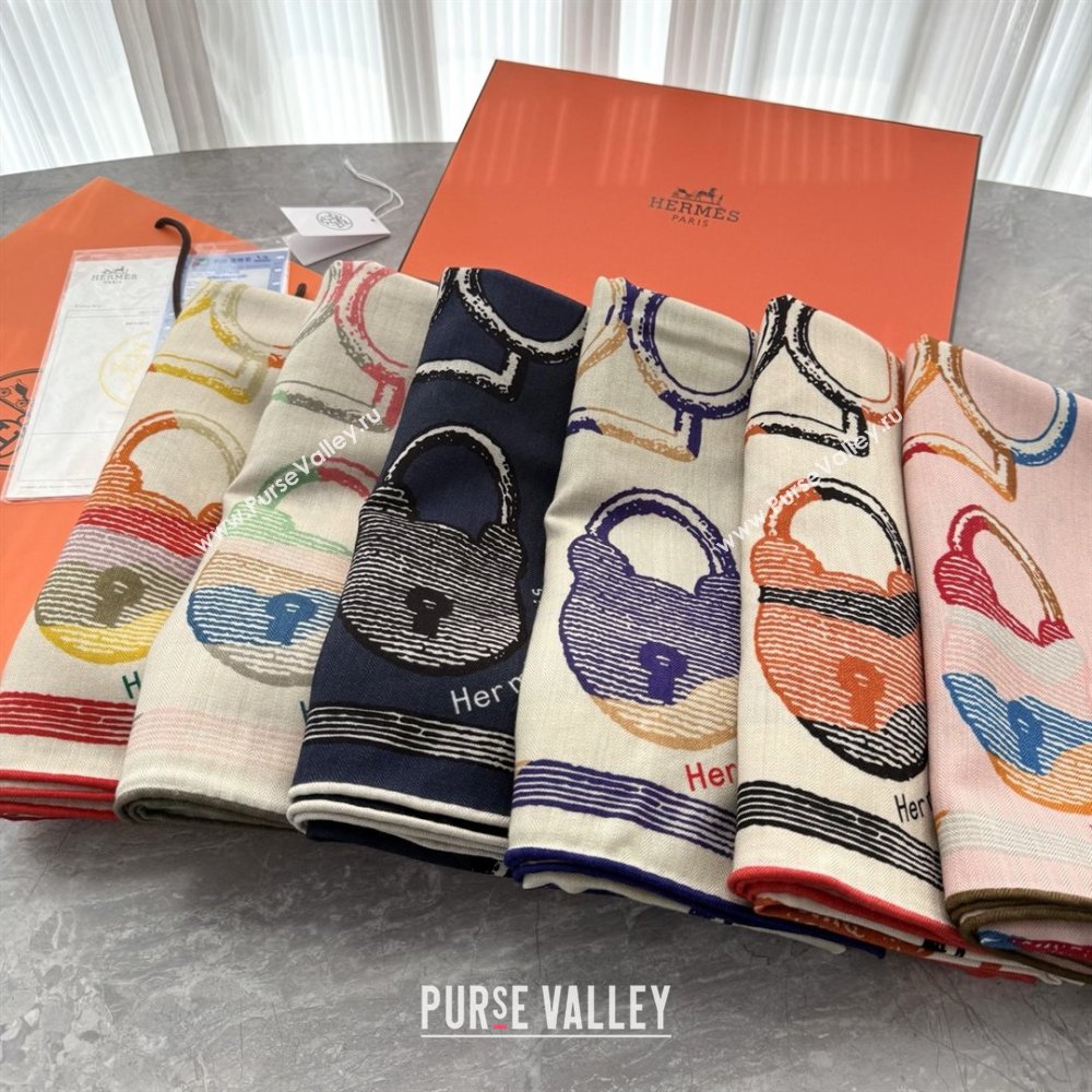 Hermes Inventaire Poetique Pour un Conte Sellier Shawl 140 Scarf 140 H1517 Beige/Blue 2026 Top (WTZ-26010617)