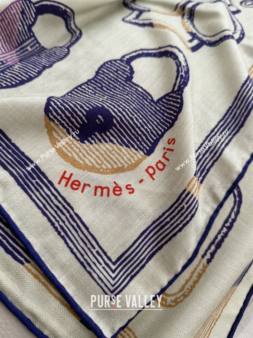 Hermes Inventaire Poetique Pour un Conte Sellier Shawl 140 Scarf 140 H1517 Beige/Blue 2026 Top (WTZ-26010617)