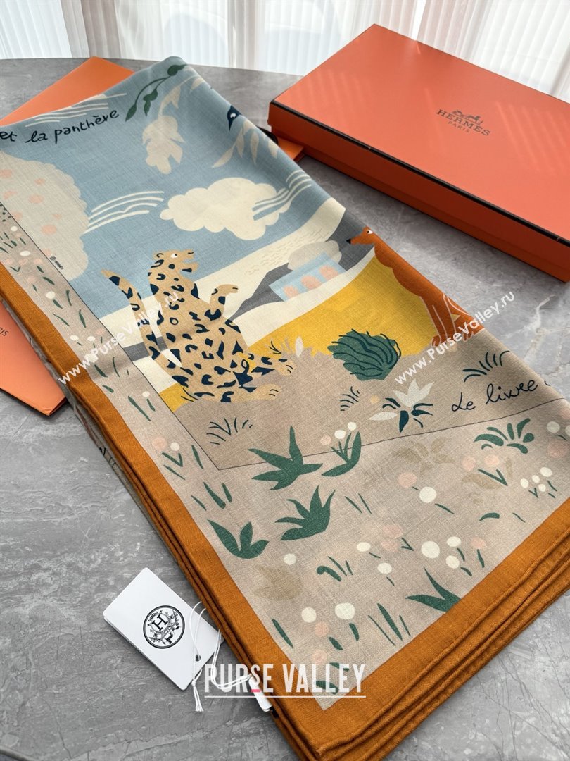 Hermes Cashmere Silk Le Livre dEsope Shawl Scarf 140 H1509 Orange 2026 Top (WTZ-26010609)
