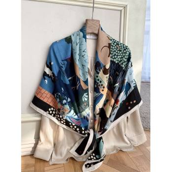 Hermes Cashmere Silk Le Livre dEsope Shawl Scarf 140 H1510 Blue 2026 Top (WTZ-26010610)