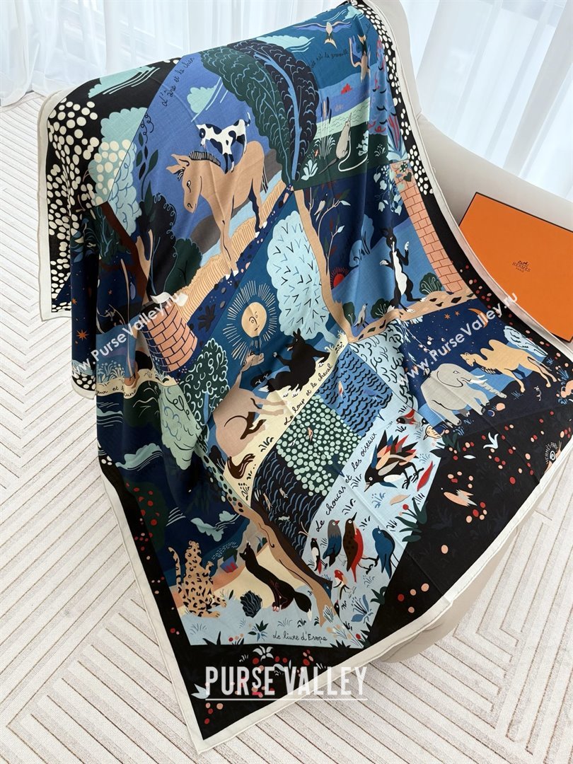 Hermes Cashmere Silk Le Livre dEsope Shawl Scarf 140 H1510 Blue 2026 Top (WTZ-26010610)