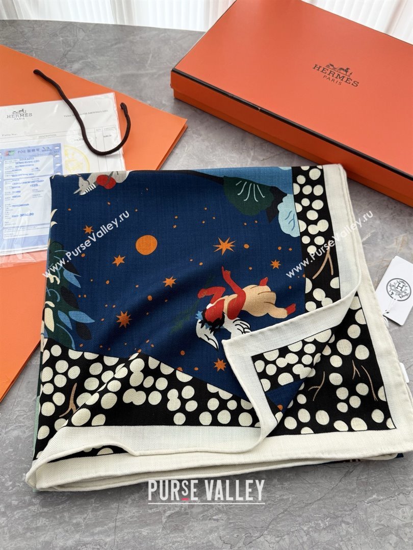Hermes Cashmere Silk Le Livre dEsope Shawl Scarf 140 H1510 Blue 2026 Top (WTZ-26010610)