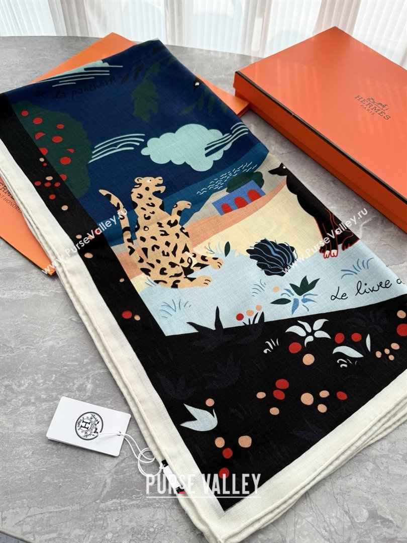 Hermes Cashmere Silk Le Livre dEsope Shawl Scarf 140 H1510 Blue 2026 Top (WTZ-26010610)