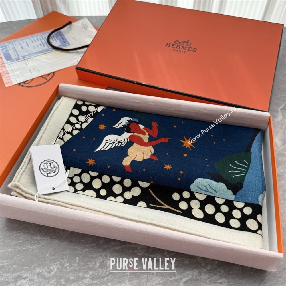 Hermes Cashmere Silk Le Livre dEsope Shawl Scarf 140 H1510 Blue 2026 Top (WTZ-26010610)