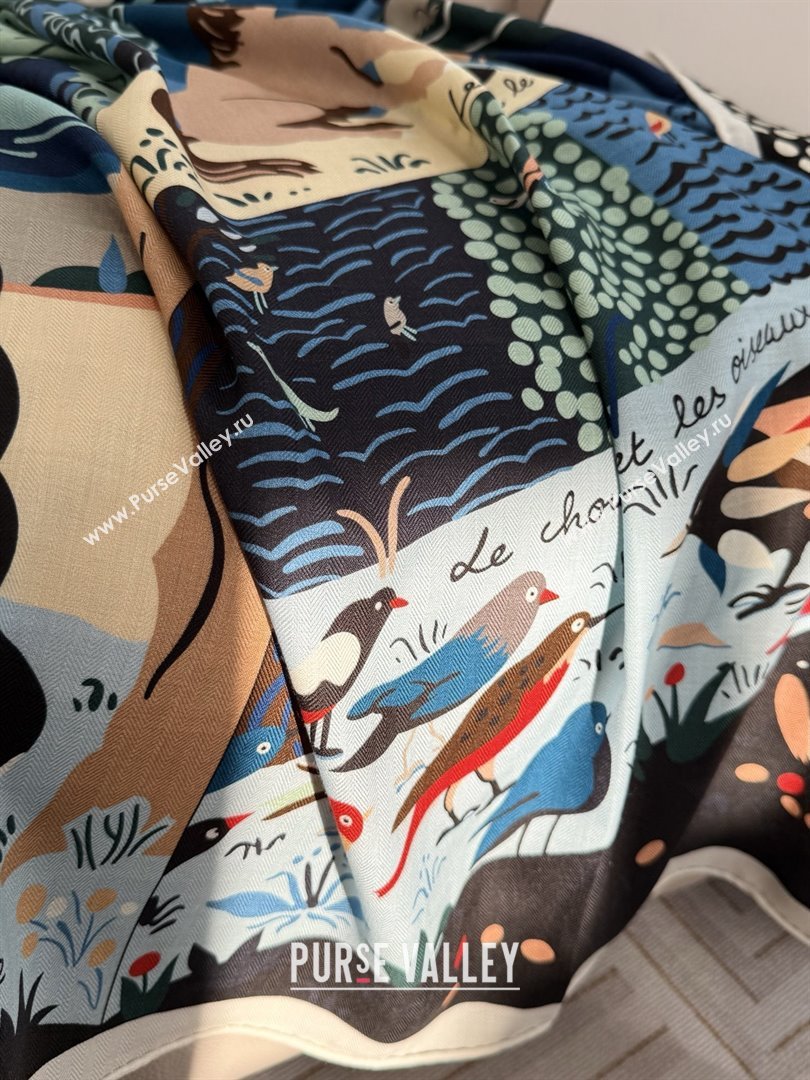 Hermes Cashmere Silk Le Livre dEsope Shawl Scarf 140 H1510 Blue 2026 Top (WTZ-26010610)