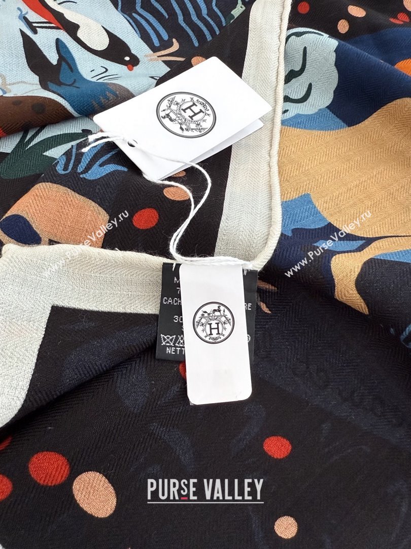 Hermes Cashmere Silk Le Livre dEsope Shawl Scarf 140 H1510 Blue 2026 Top (WTZ-26010610)