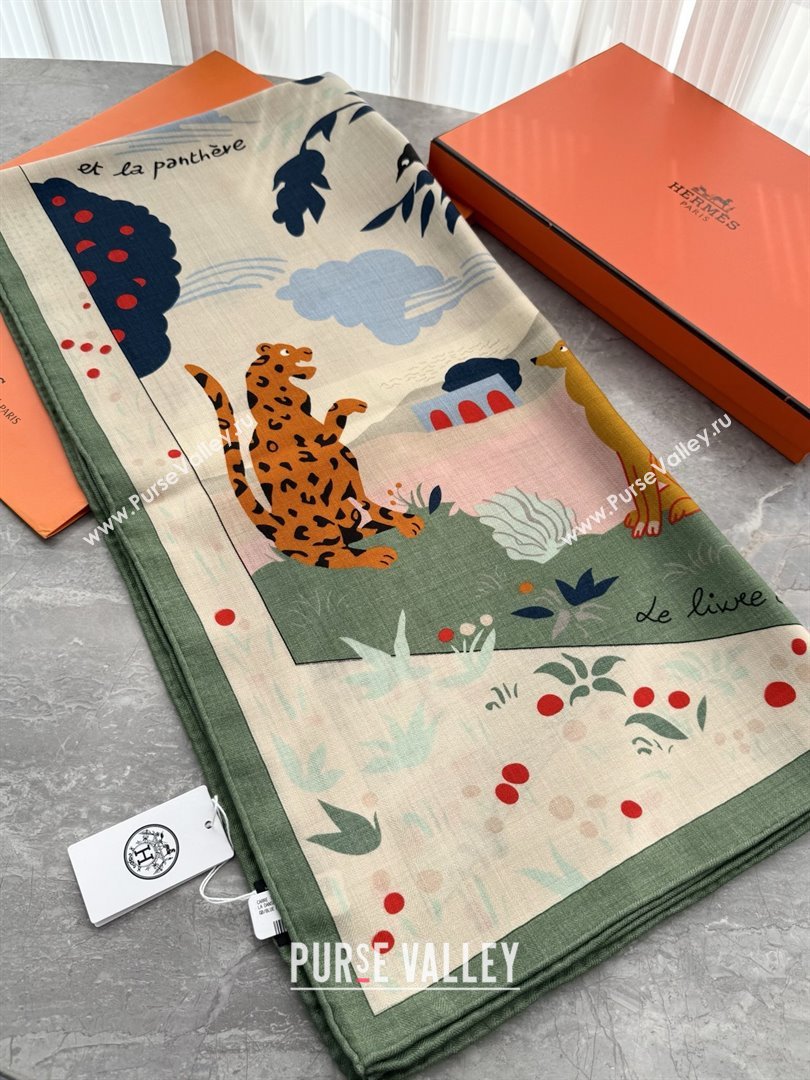 Hermes Cashmere Silk Le Livre dEsope Shawl Scarf 140 H1511 Green 2026 Top (WTZ-26010611)