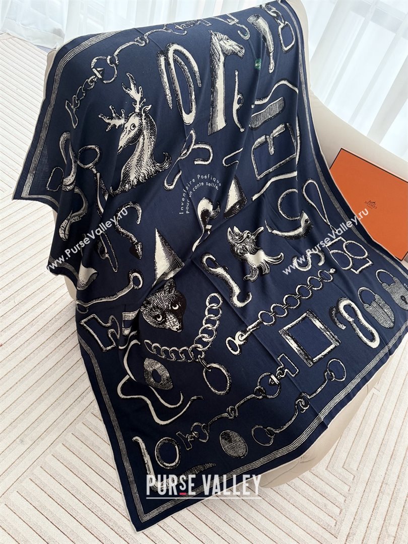 Hermes Inventaire Poetique Pour un Conte Sellier Shawl 140 Scarf 140 H1514 Blue/Black/White 2026 Top (WTZ-26010614)