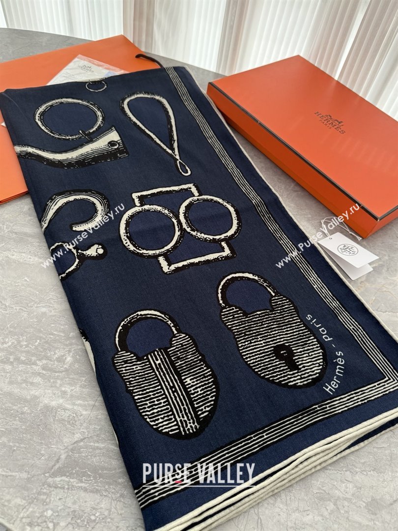 Hermes Inventaire Poetique Pour un Conte Sellier Shawl 140 Scarf 140 H1514 Blue/Black/White 2026 Top (WTZ-26010614)