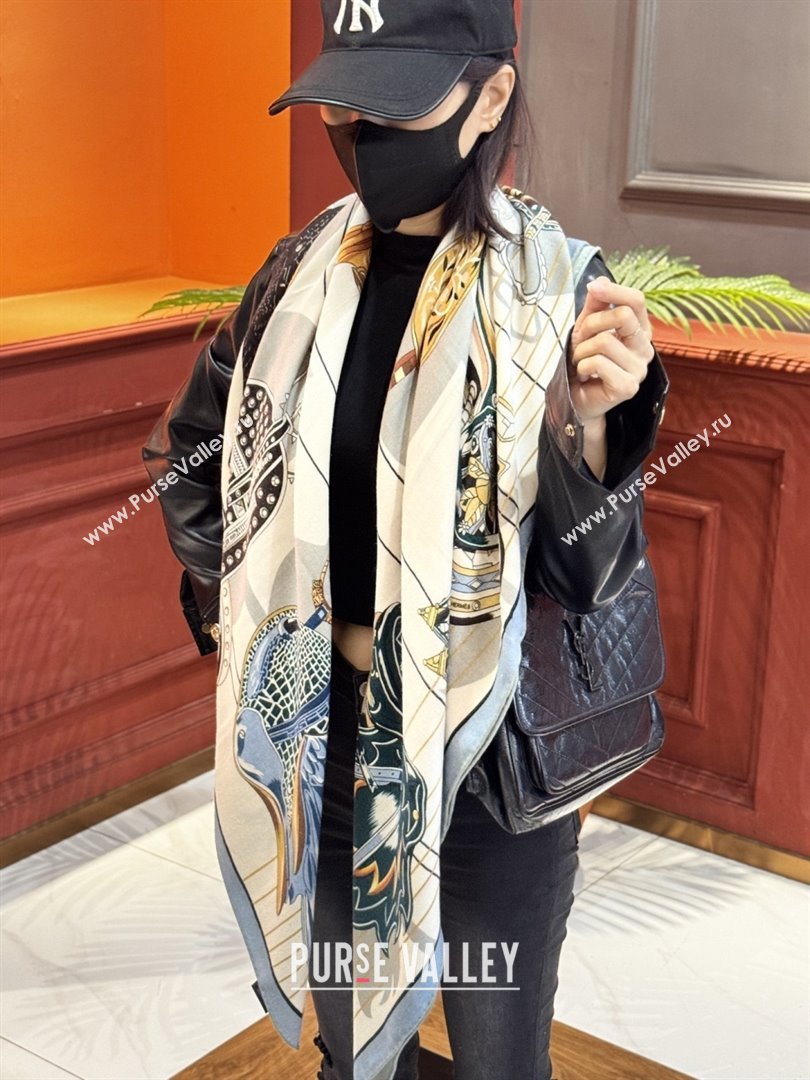 Hermes Cashmere Silk Shawl 140 Scarf H11215 Beige/Blue 2026 (A-26011215)