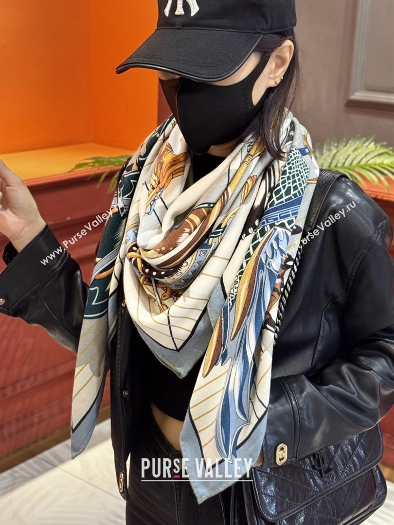 Hermes Cashmere Silk Shawl 140 Scarf H11215 Beige/Blue 2026 (A-26011215)