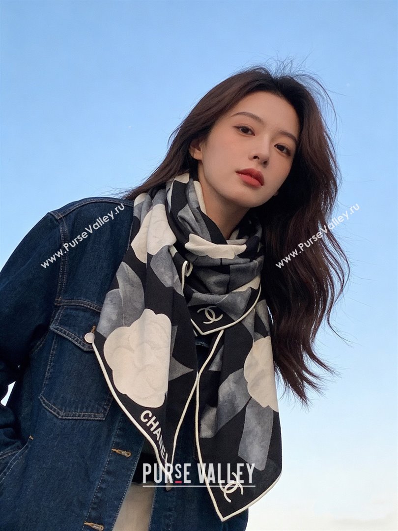 Chanel Camellia Cashmere Silk Square Scarf CH011603 Black 2026 (A-26011603)