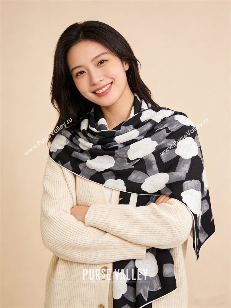 Chanel Camellia Cashmere Silk Square Scarf CH011603 Black 2026 (A-26011603)
