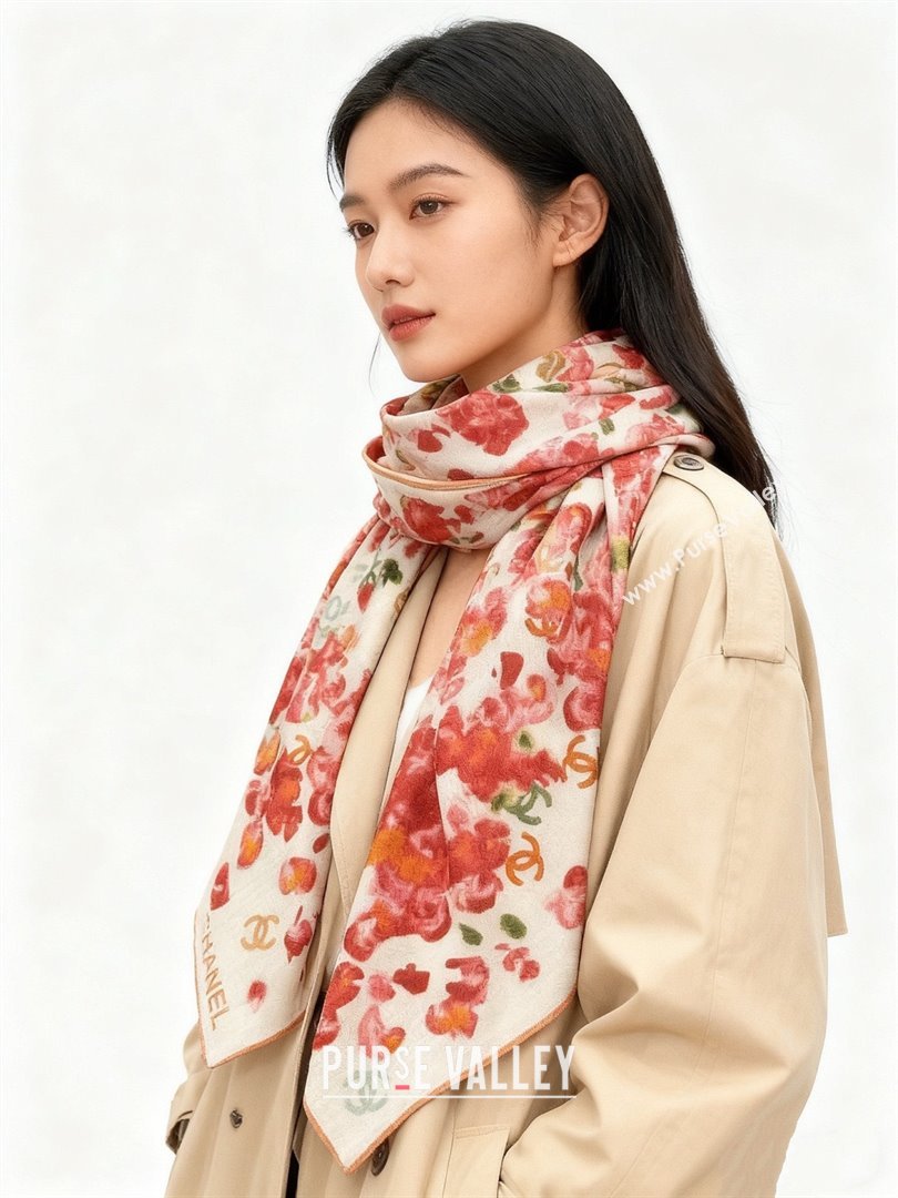 Chanel Cashmere Silk Square Scarf CH011605 White/Red 2026 (A-26011605)