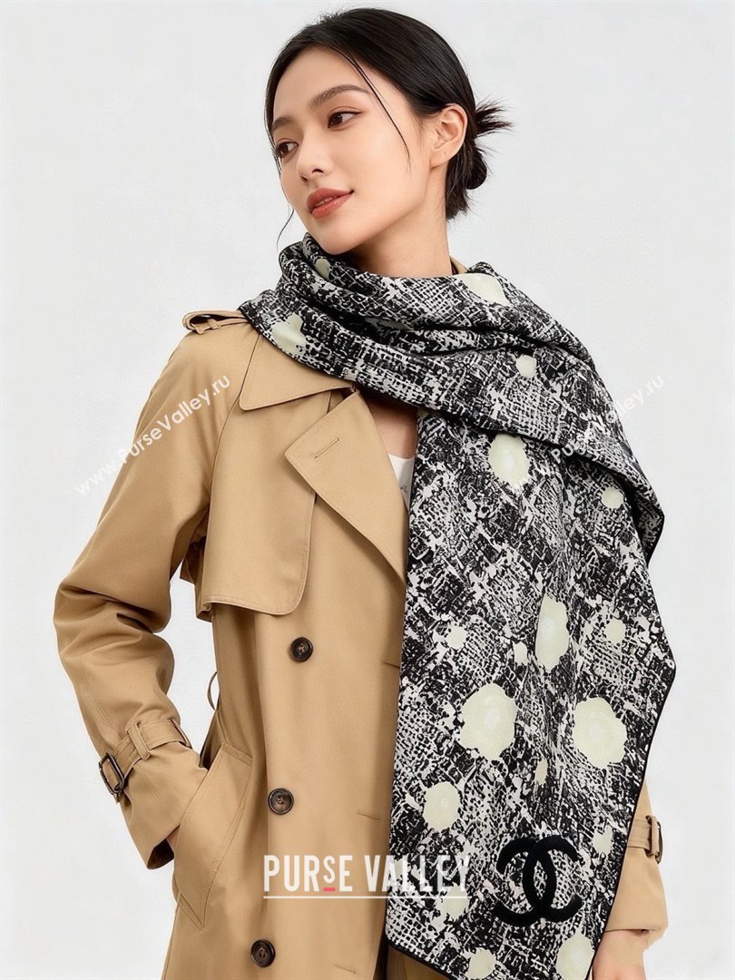 Chanel Camellia Cashmere Silk Square Scarf CH011608 Black 2026 (A-26011608)
