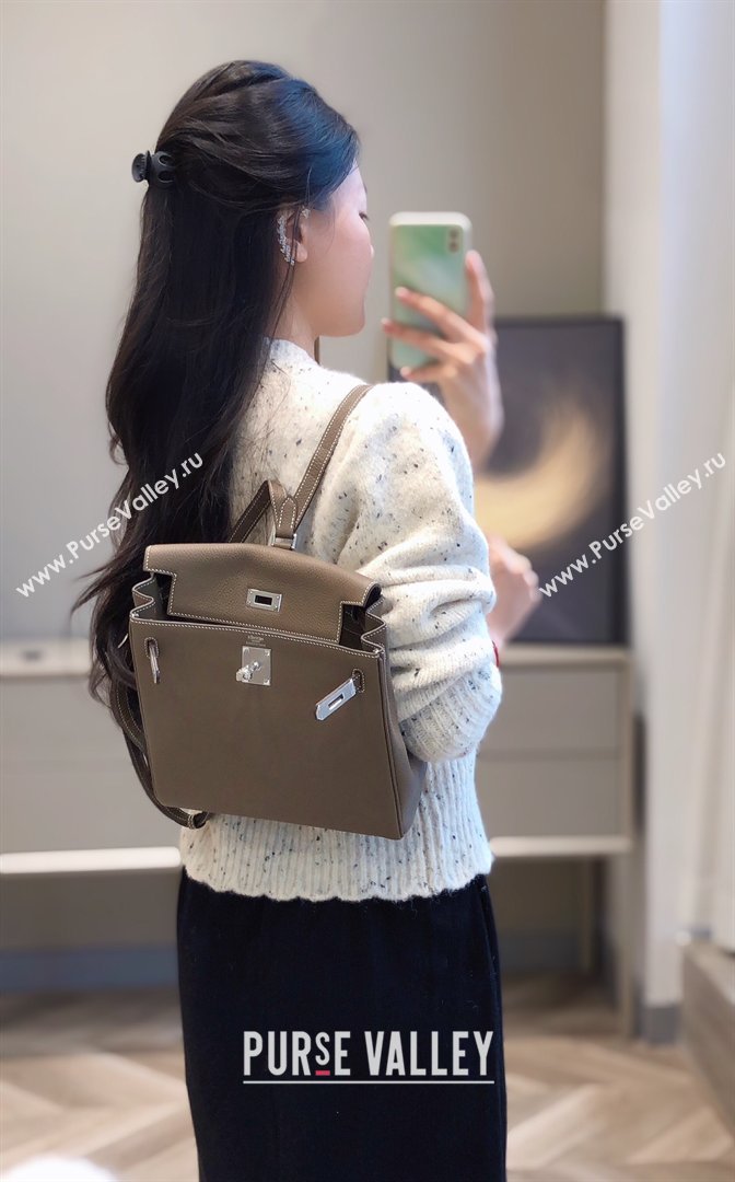 Hermes Kelly Ado Backpack 22cm in Togo Leather Etoupe/Silver 2026(Half Handmade) (XX-26012101)