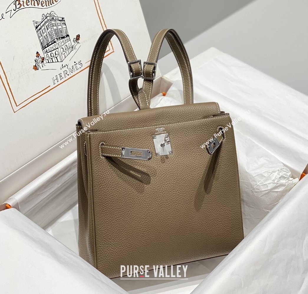 Hermes Kelly Ado Backpack 22cm in Togo Leather Etoupe/Silver 2026(Half Handmade) (XX-26012101)