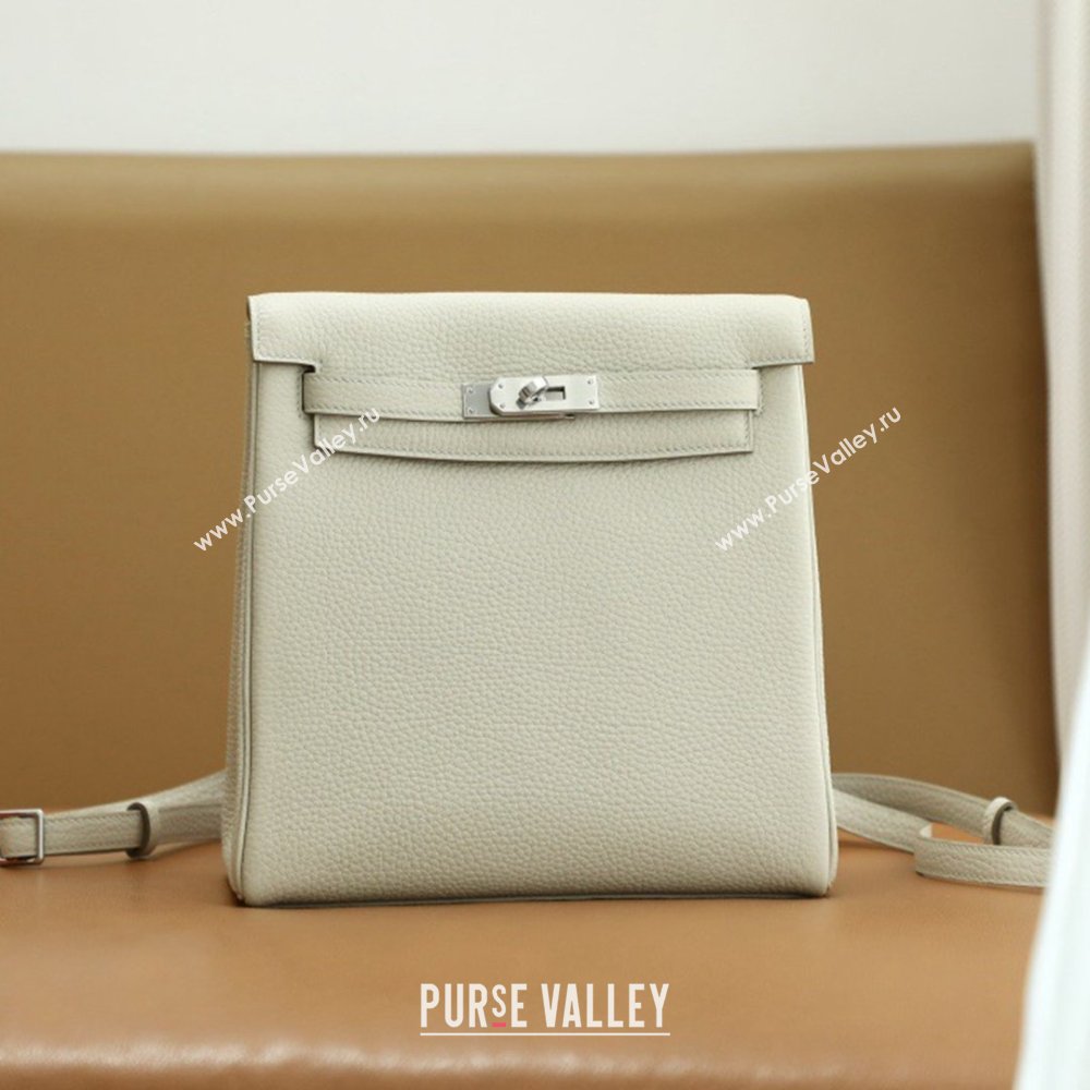 Hermes Kelly Ado Backpack 22cm in Taurillon Clemence Leather Beton White/Silver 2026(Full Handmade) (XYA-26012112)