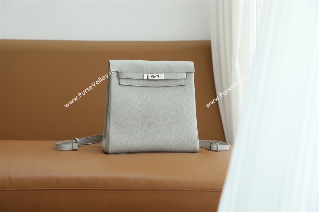 Hermes Kelly Ado Backpack 22cm in Taurillon Clemence Leather Gris Perle/Silver 2026(Half Handmade) (XYA-26012113)
