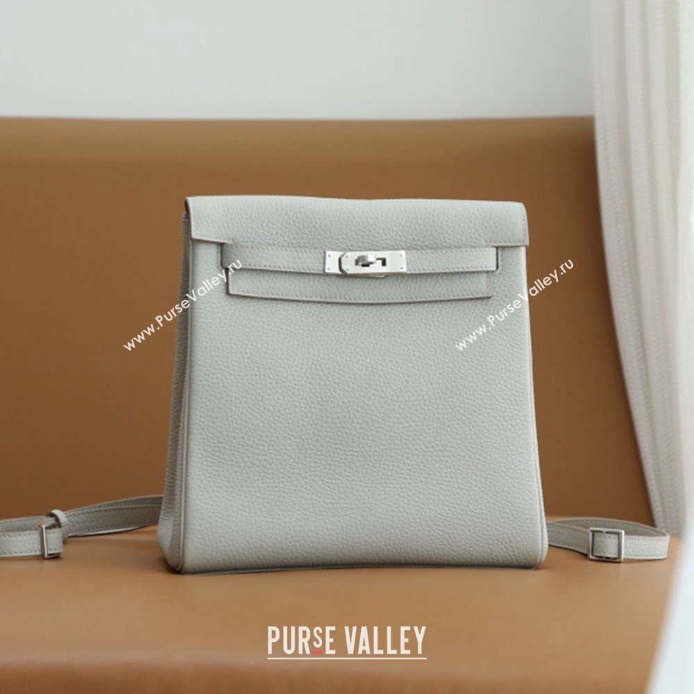 Hermes Kelly Ado Backpack 22cm in Taurillon Clemence Leather Gris Perle/Silver 2026(Half Handmade) (XYA-26012113)