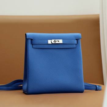 Hermes Kelly Ado Backpack 22cm in Taurillon Clemence Leather Blue/Silver 2026(Half Handmade) (XYA-26012115)